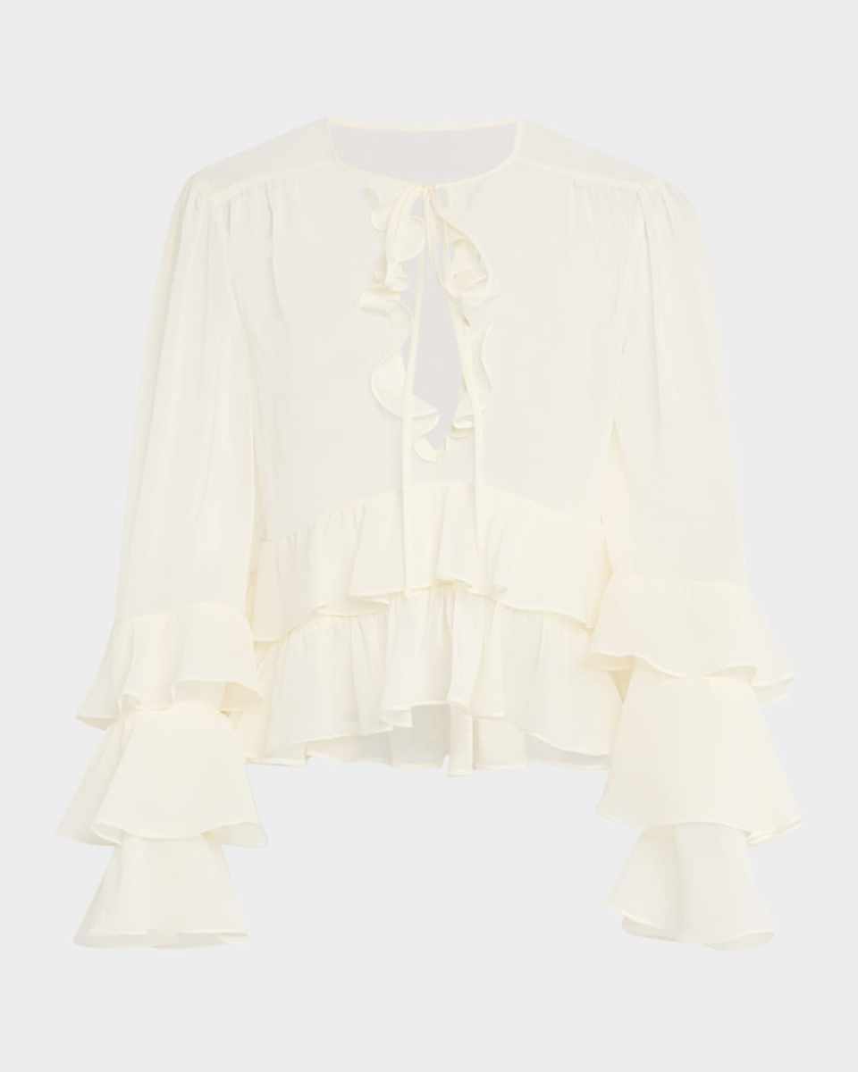 Steffina Ruffle Neck-Tie Long-Sleeve Top